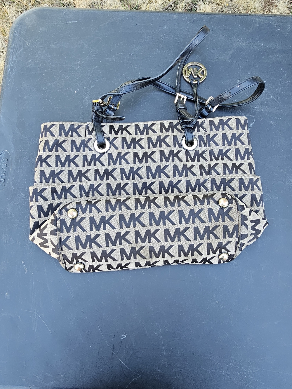 Michael Kors Tan and Black MK Monogram Shoulder Tote